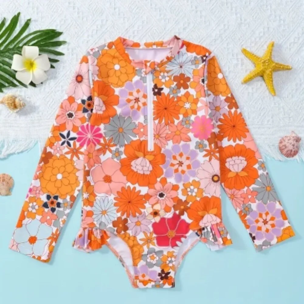 Floral Toddler Girls Long Sleeve One Piece Swimsuit Bathing Suit